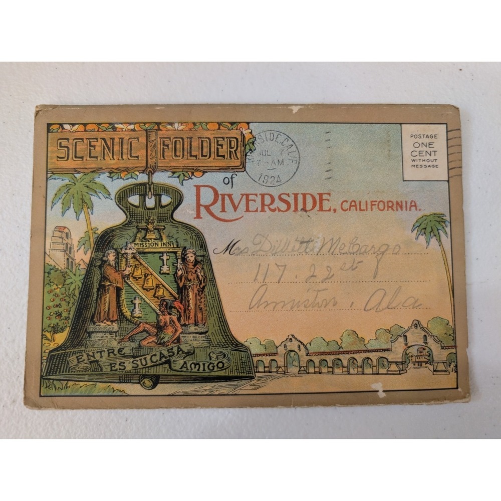 RIVERSIDE CALIFORNIA Scenic Folder Postcard Booklet 1924 Cross Mission Inn - Picture 1 of 5